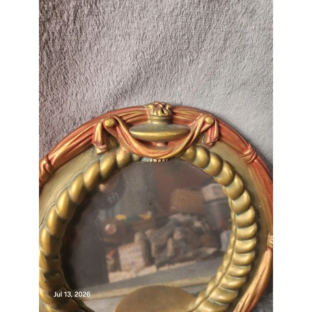 Vtg. Ornate Hollywood Regency Gold Red Wall Mirror Rope Genie Lamp Chalkware MCM